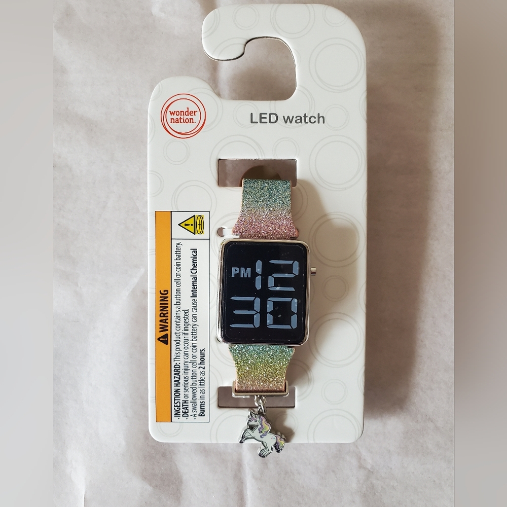 Girls LED Digital Watch With Unicorn Charm And Glitterlook Band New